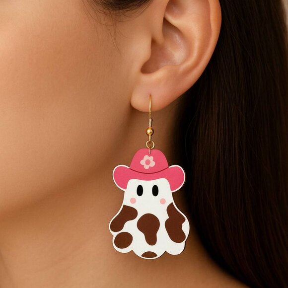 Cowgirl Ghost Earrings,  Pink Western Halloween Dangle Cute Spooky Kawaii - Picture 3 of 4